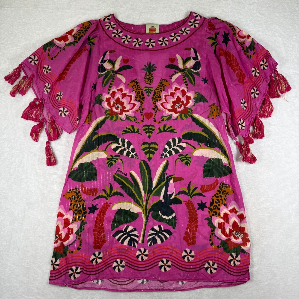 Farm Rio Pink Tropical Leopard Floral Tassel Tunic Top XS 307082 Metallic Lurex
